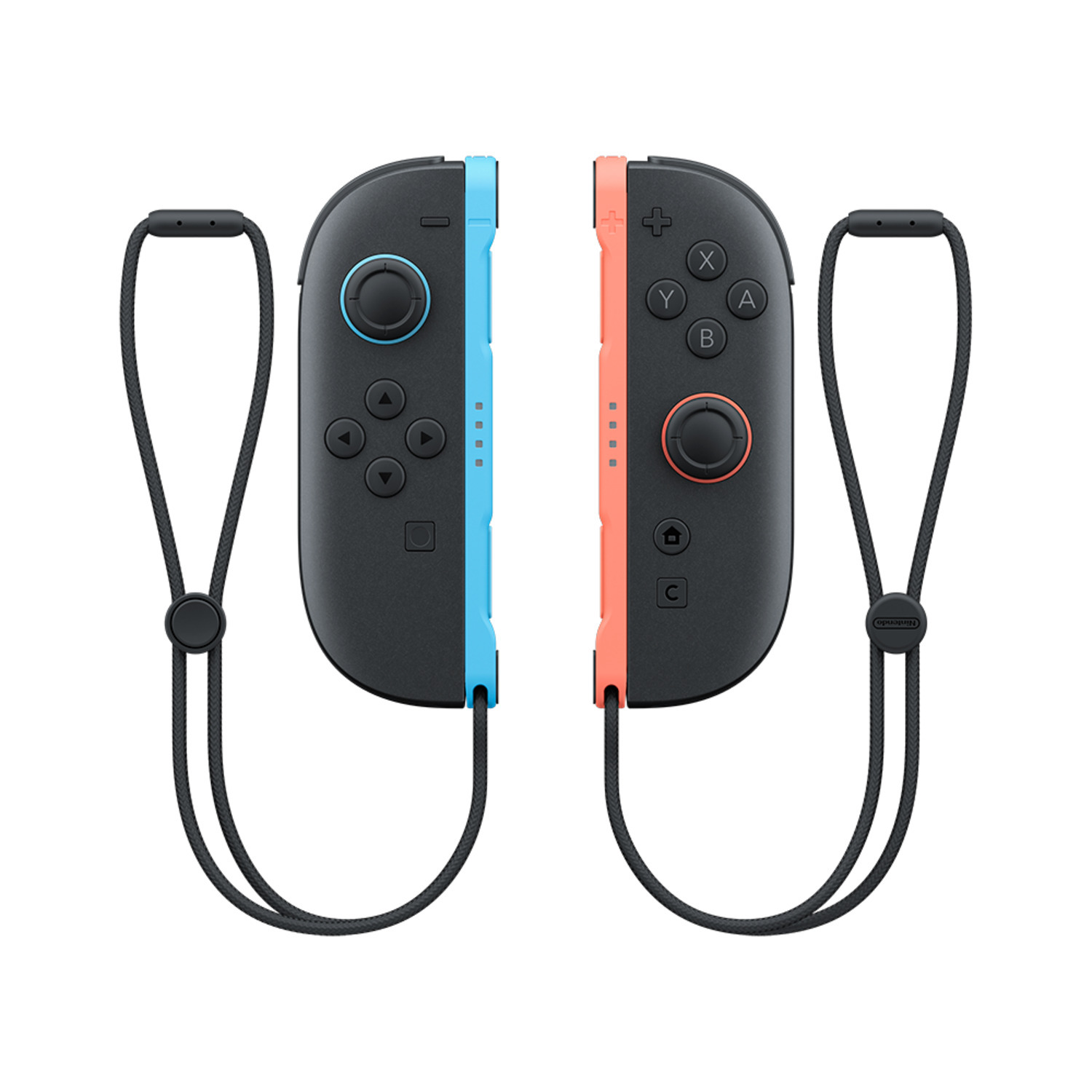 Manettes Nintendo Switch noires et bleues avec sangles, fond blanc.