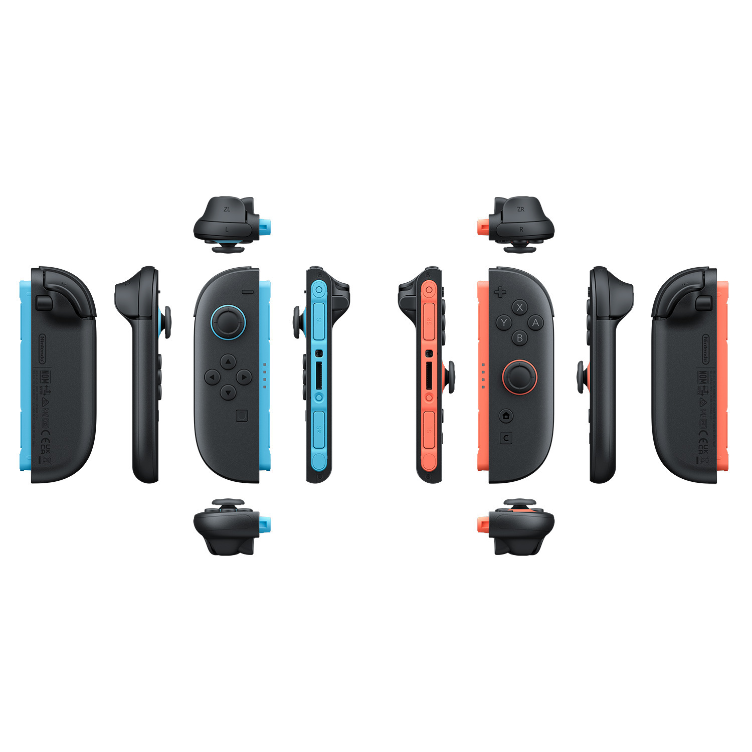 Manettes Joy-Con Nintendo Switch, en bleu et rouge, et quelques accessoires noirs.