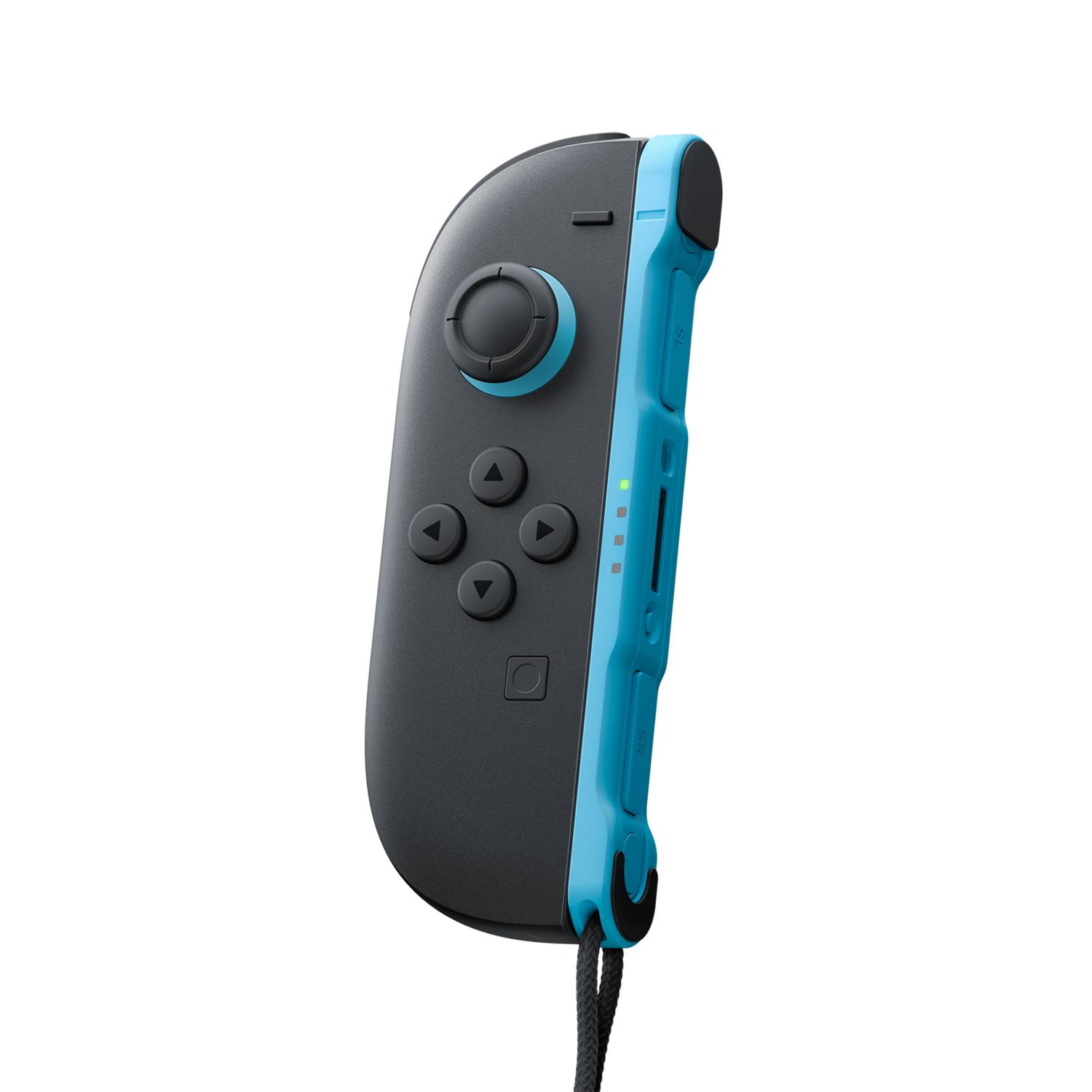 A black and blue Nintendo Switch Joy-Con controller, isolated on a white background.
