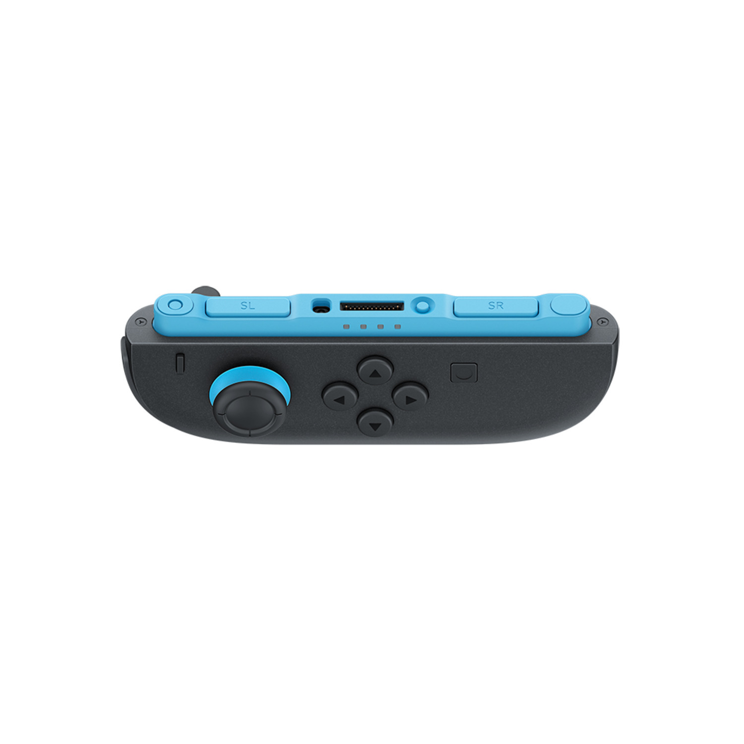 A Nintendo Switch Joy-Con controller. It is black and blue. Buttons are visible.
