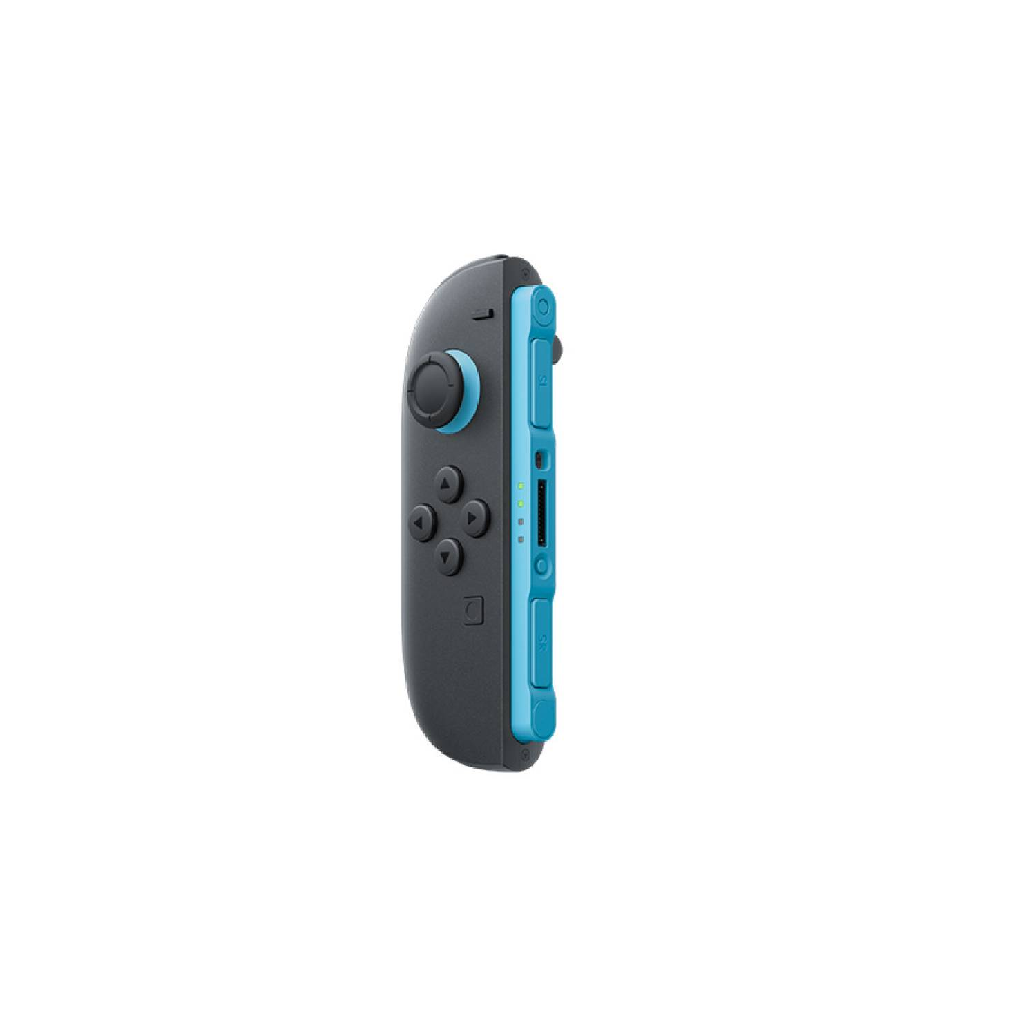 A grey and blue game controller, seen from the side. It has buttons and a joystick.