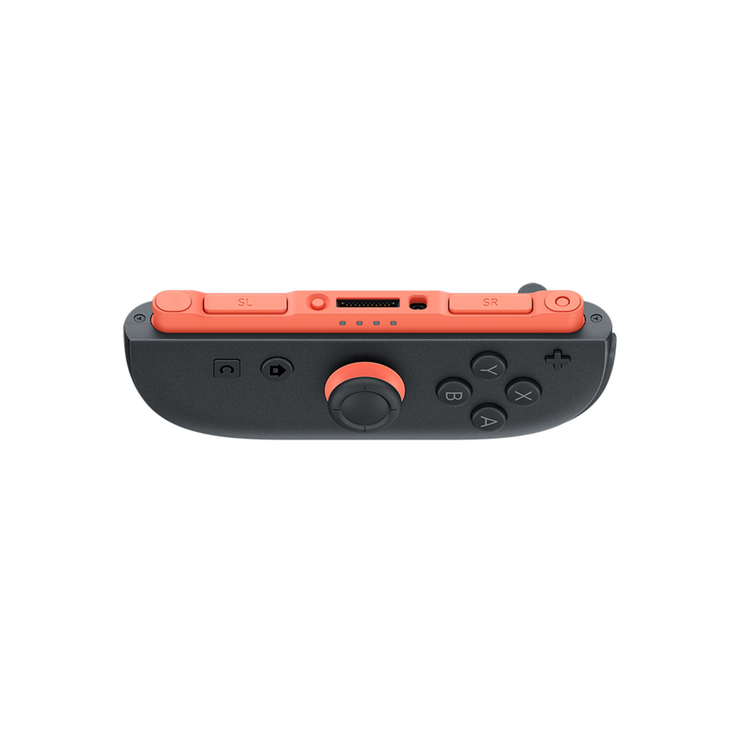 Orange and black Nintendo Switch Joy-Con controller, top view.