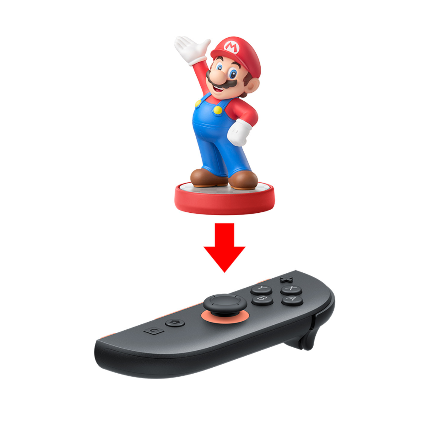 Mario figurine above a controller. Controller has an orange joystick and buttons.