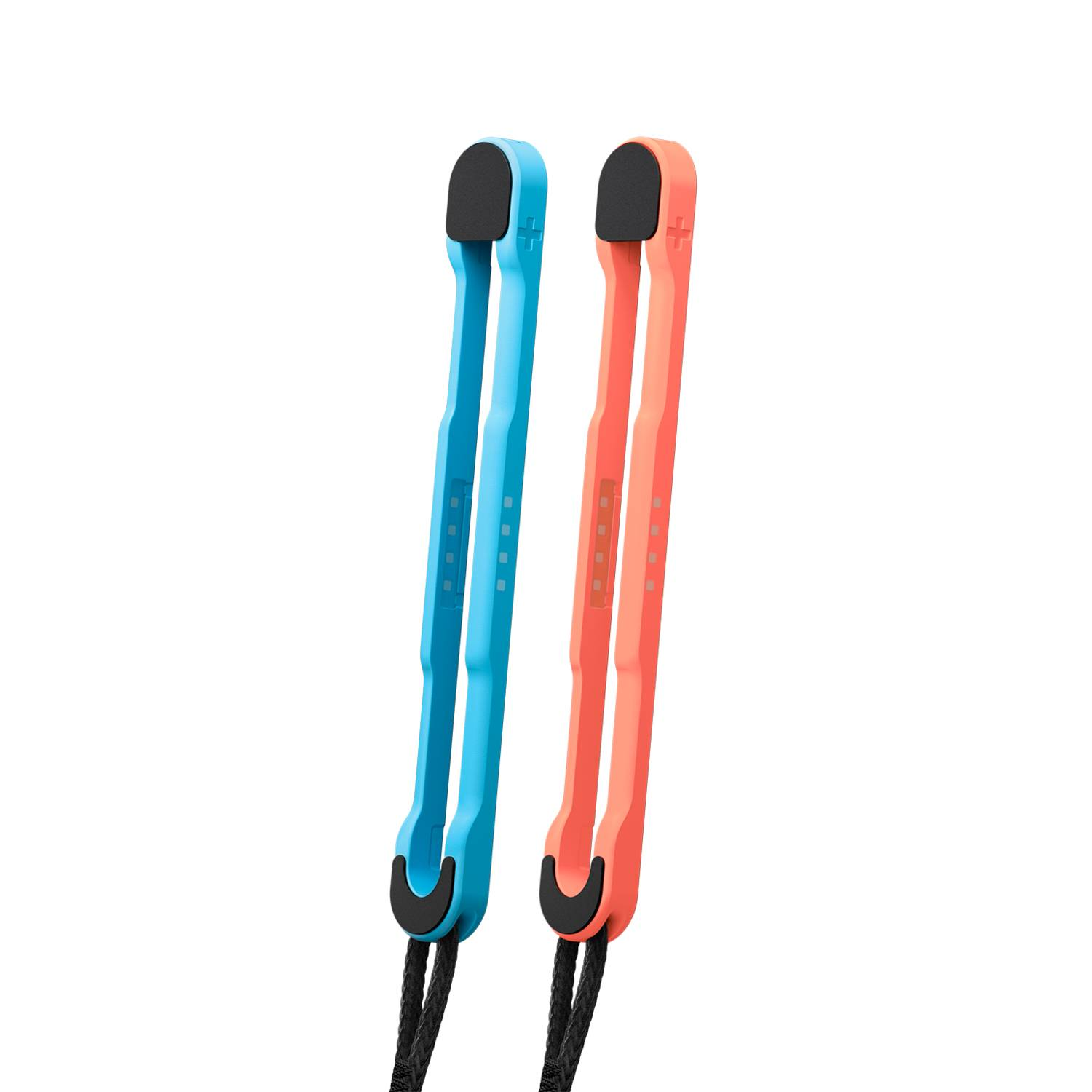 Blue and orange Switch controller attachments with black straps, isolated on white.