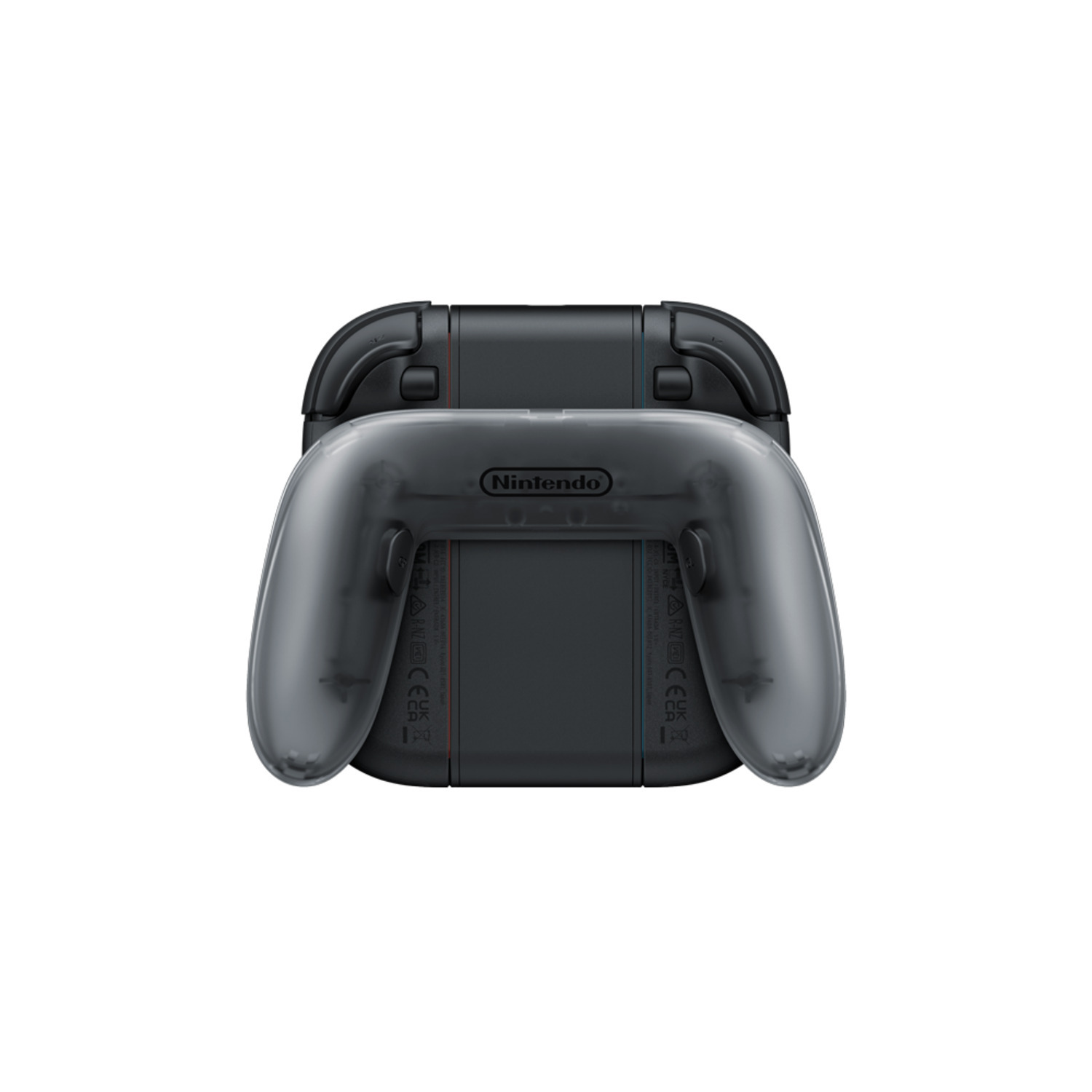 Black Nintendo Switch with Joy-Cons attached, transparent cover, white bg.