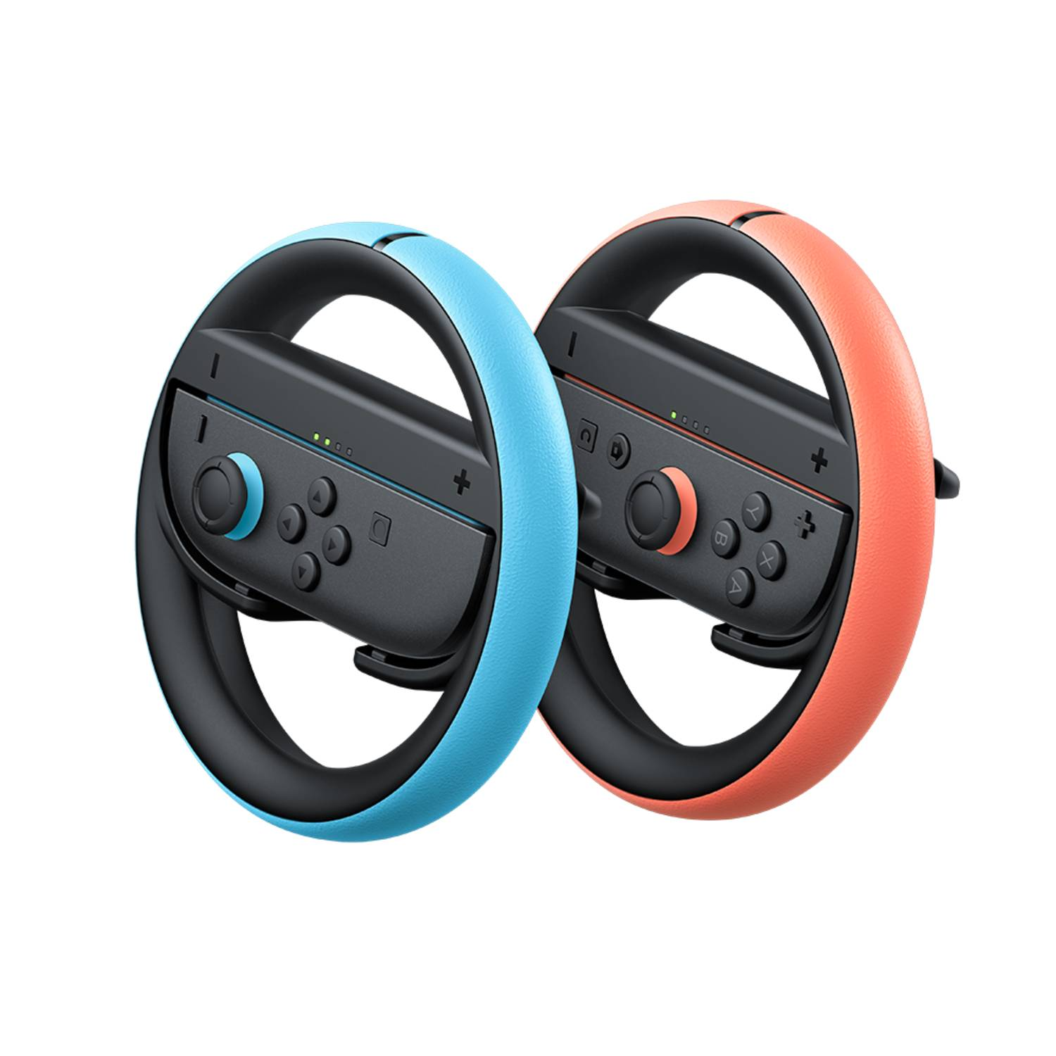 Two gaming wheels in blue and orange, with black centers and controller buttons.