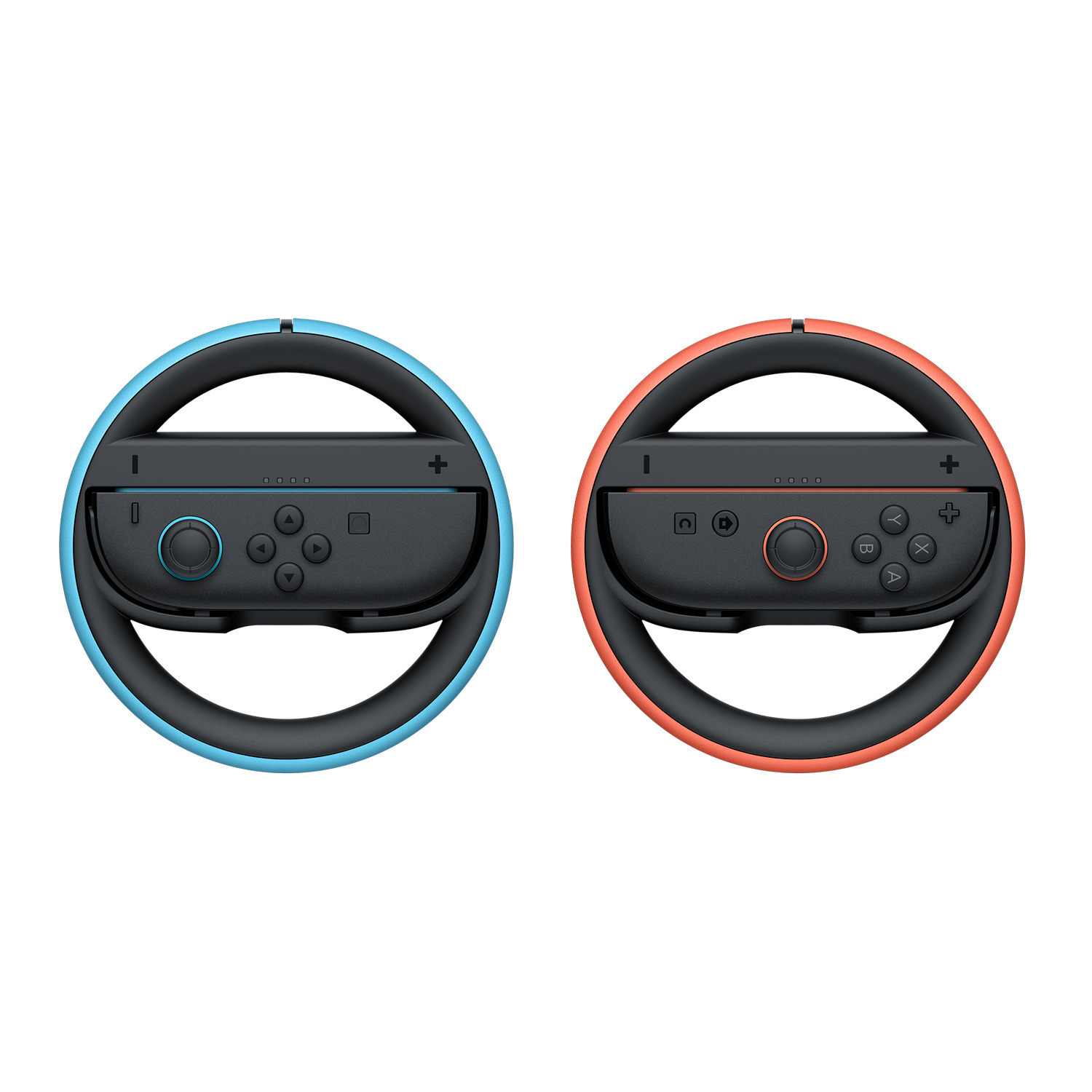 Two game wheels for a console. One is blue, one is red.
