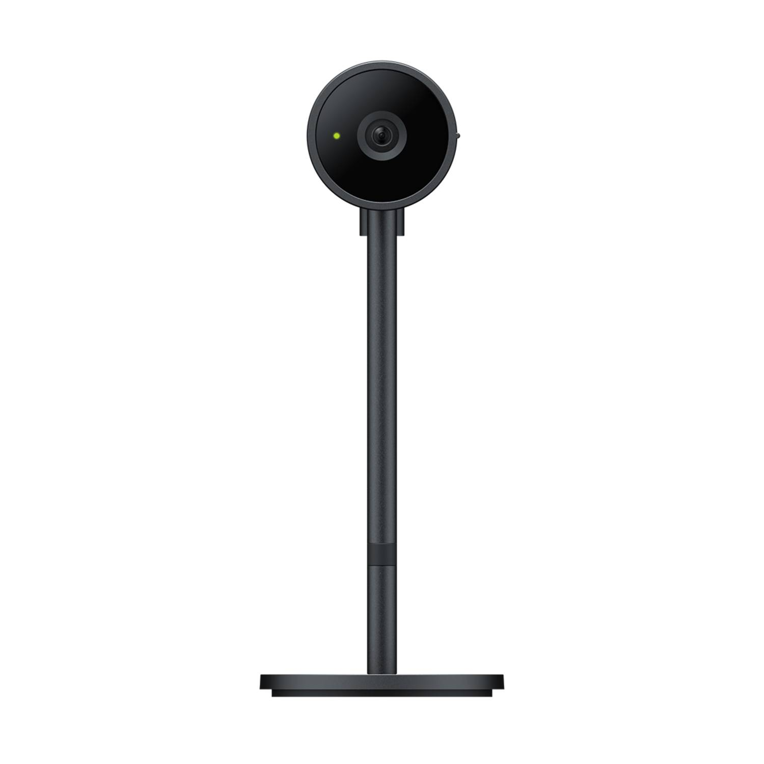 A black webcam on a stand, with a green light, against a white background.