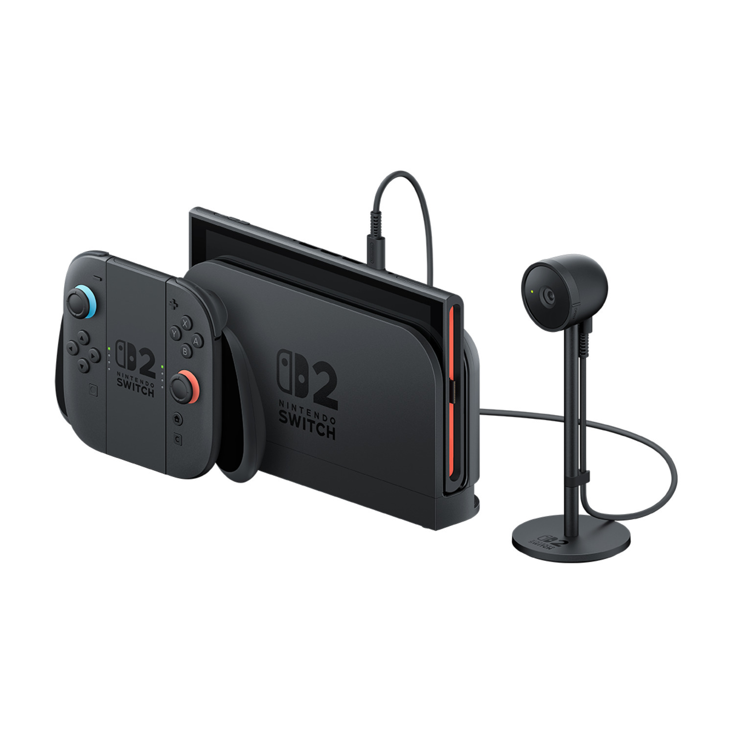 Nintendo Switch console with attached controllers, and a camera, on a white background.