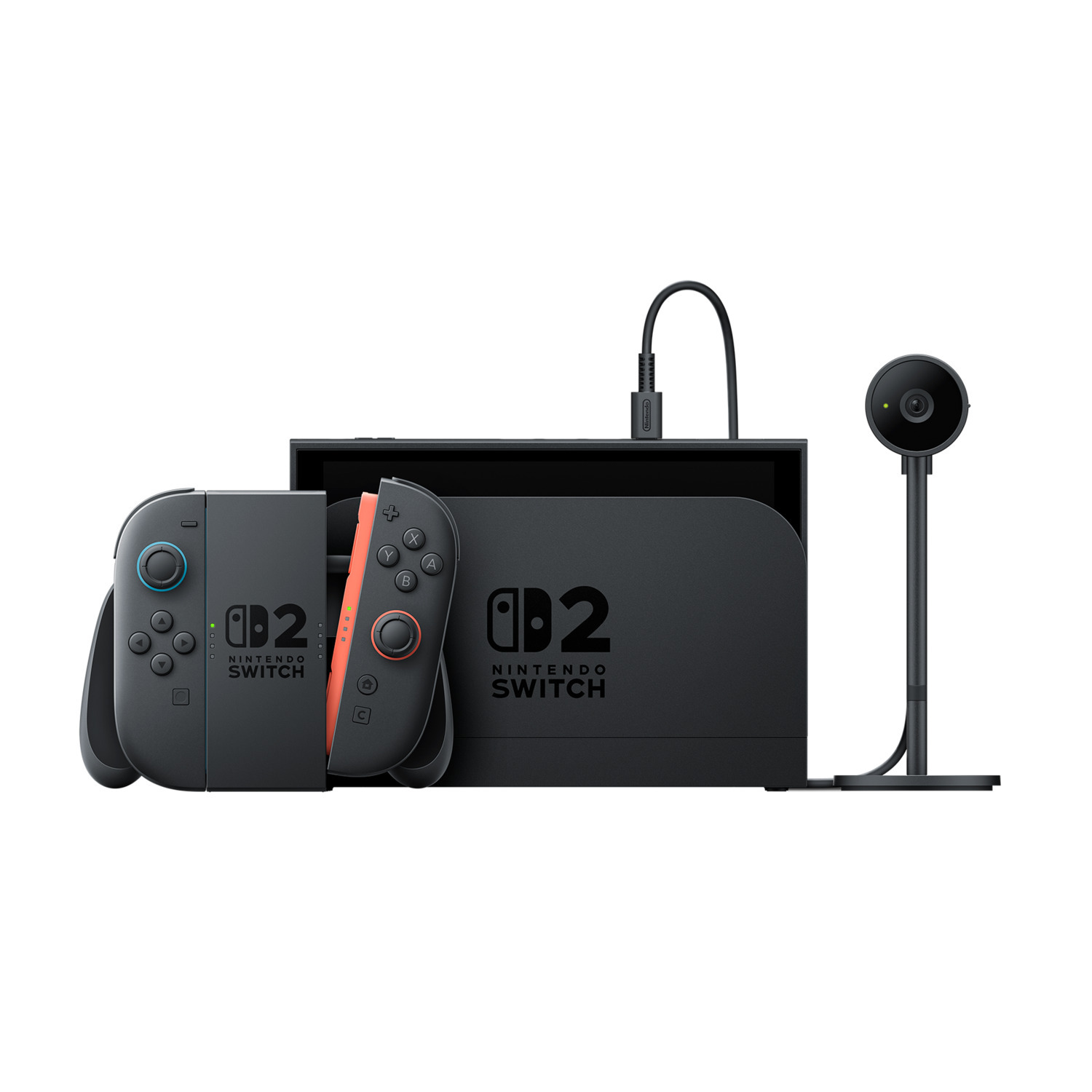 Nintendo Switch with Joy-Cons, and a webcam. Black console, white bg.