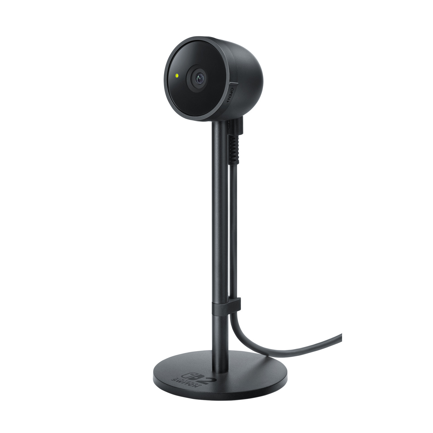 Black webcam on stand, a close-up view. White background.