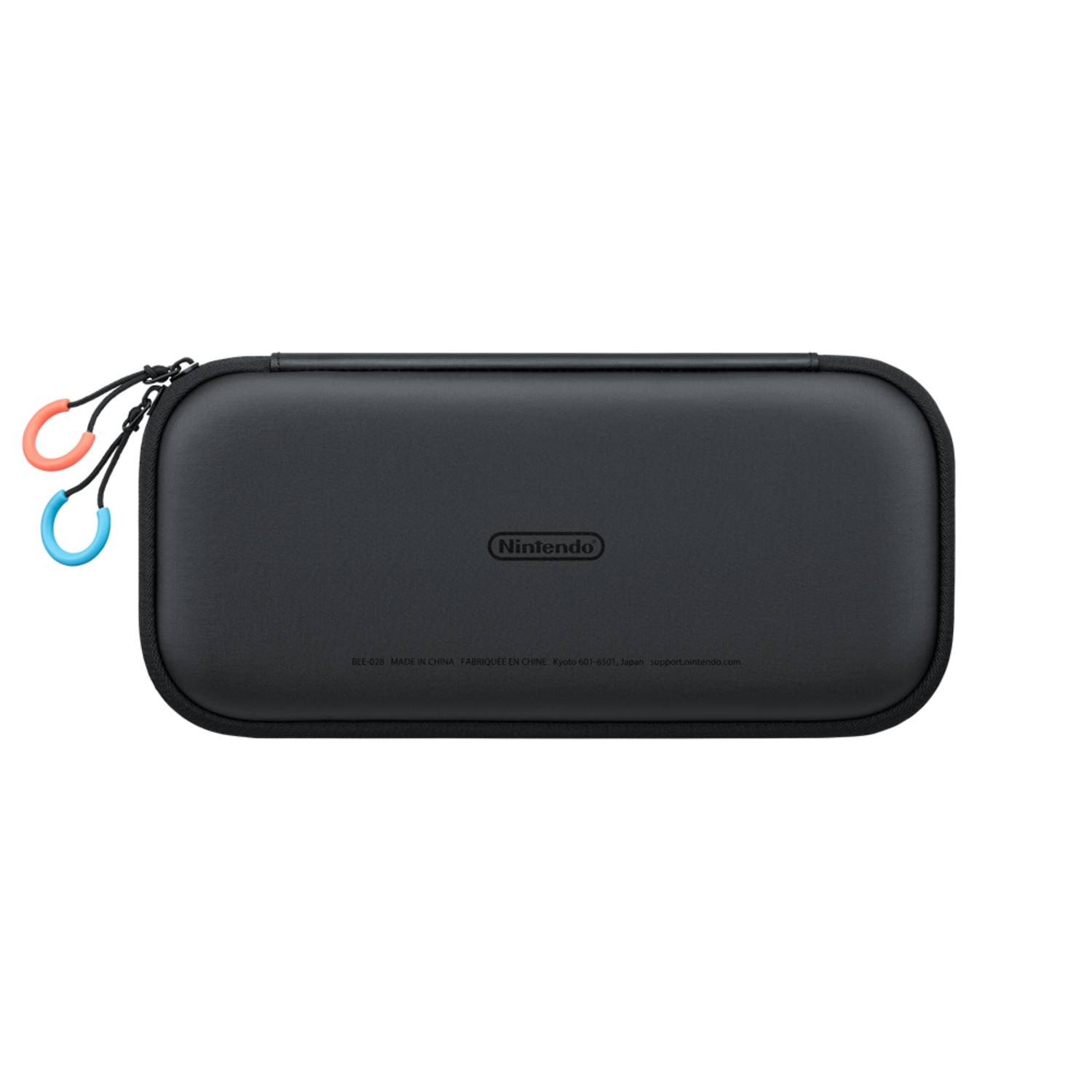 Zwarte Nintendo Switch draagtas met een rits en blauwe en oranje handvatbanden. Nintendo logo zichtbaar.