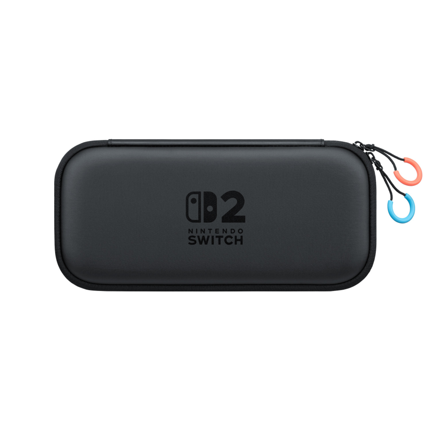 Zwarte Nintendo Switch case met Switch logo. Oranje en blauwe bandjes rechts.