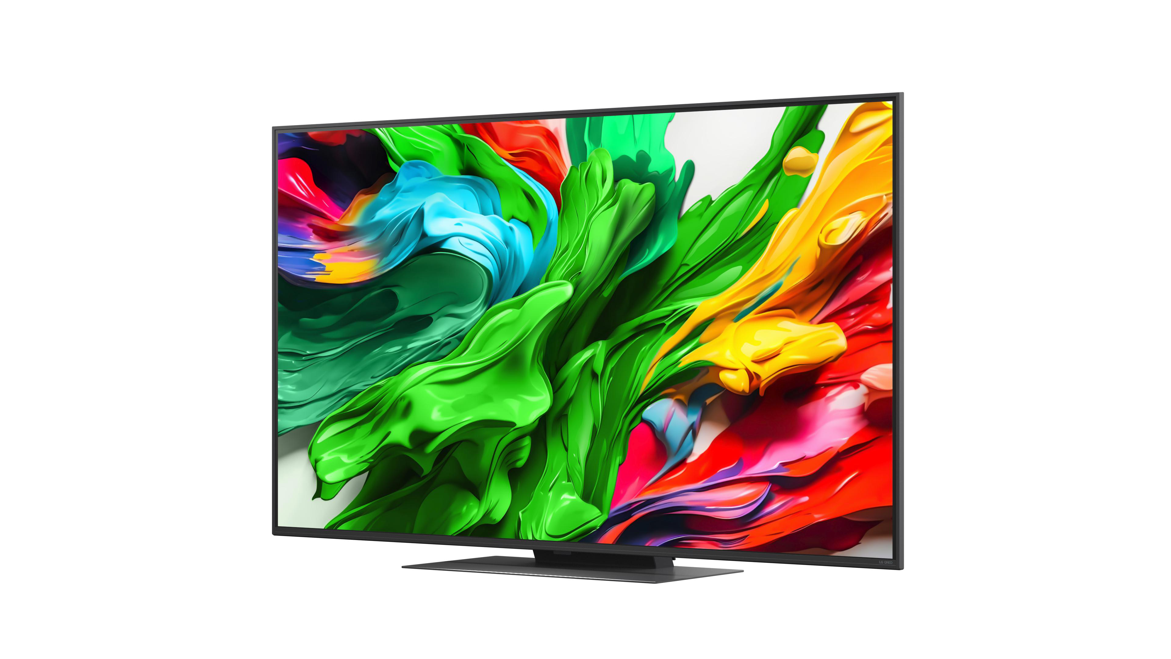 Großer moderner Fernseher mit farbenfroher abstrakter Kunst. Der Fernseher steht auf einem Ständer vor weißem Hintergrund.