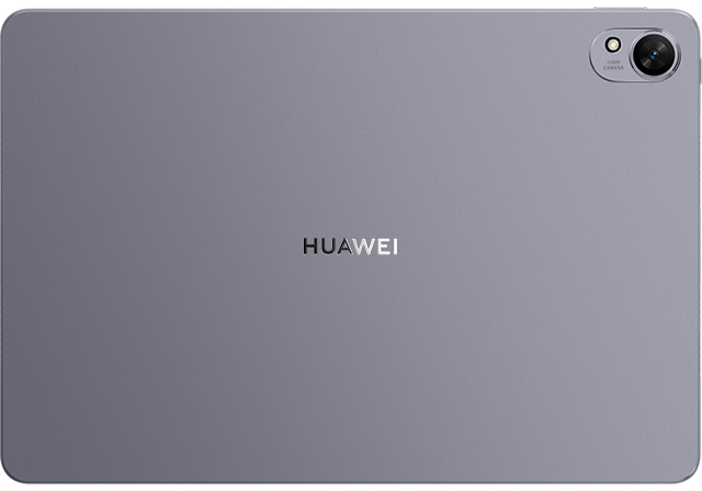 Szürke tablet hátlapja kamerával, középen a Huawei logóval.