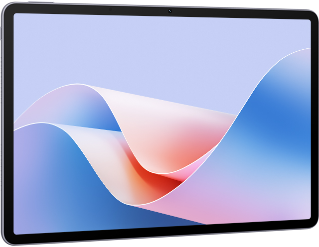 Tablet élénk absztrakt háttérképpel, ívelt dizájnnal, fehér háttér előtt.