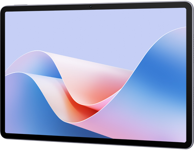 Tablet nagy képernyővel, amely kék, rózsaszín és fehér absztrakt hullámokat jelenít meg. A készülék szürke.