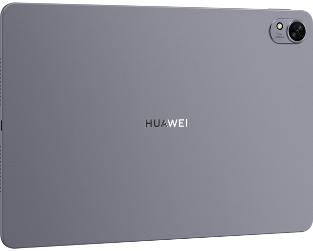 Szürke tablet hátlapja kamerával. A Huawei logója középen van.
