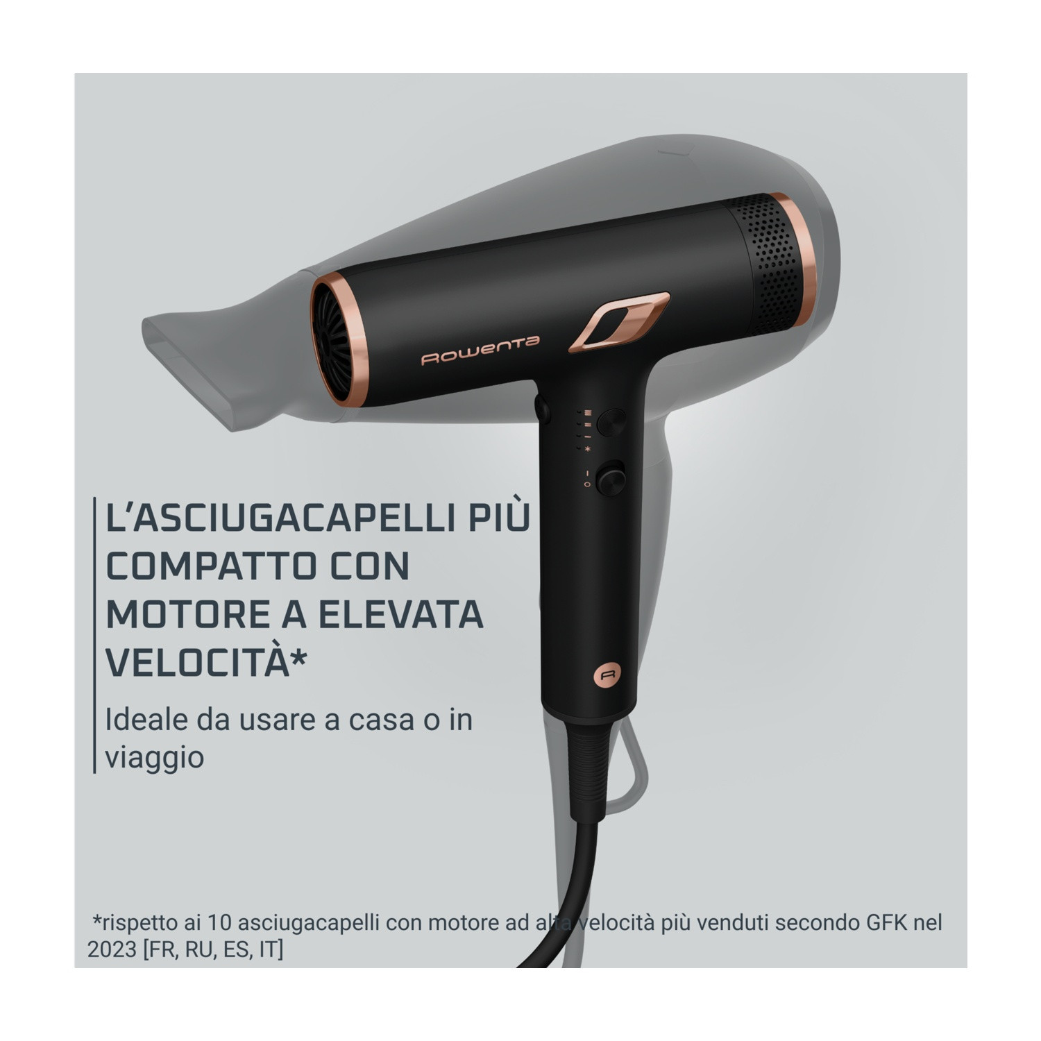 Asciugacapelli nero e oro rosa. Il testo dettaglia il design compatto e il motore ad alta velocità.