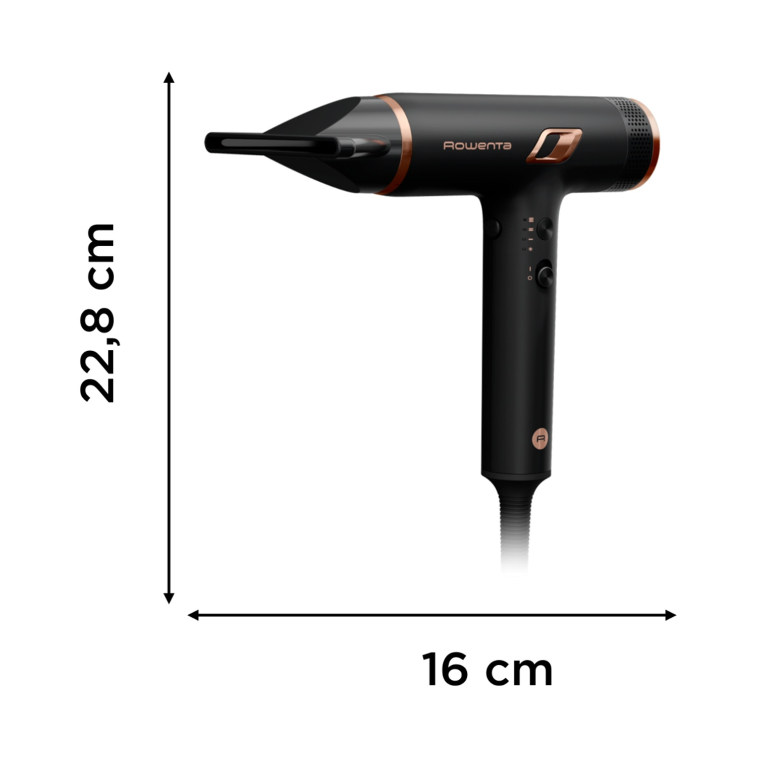 Asciugacapelli nero con dettagli oro, 22,8 cm di altezza, 16 cm di larghezza.