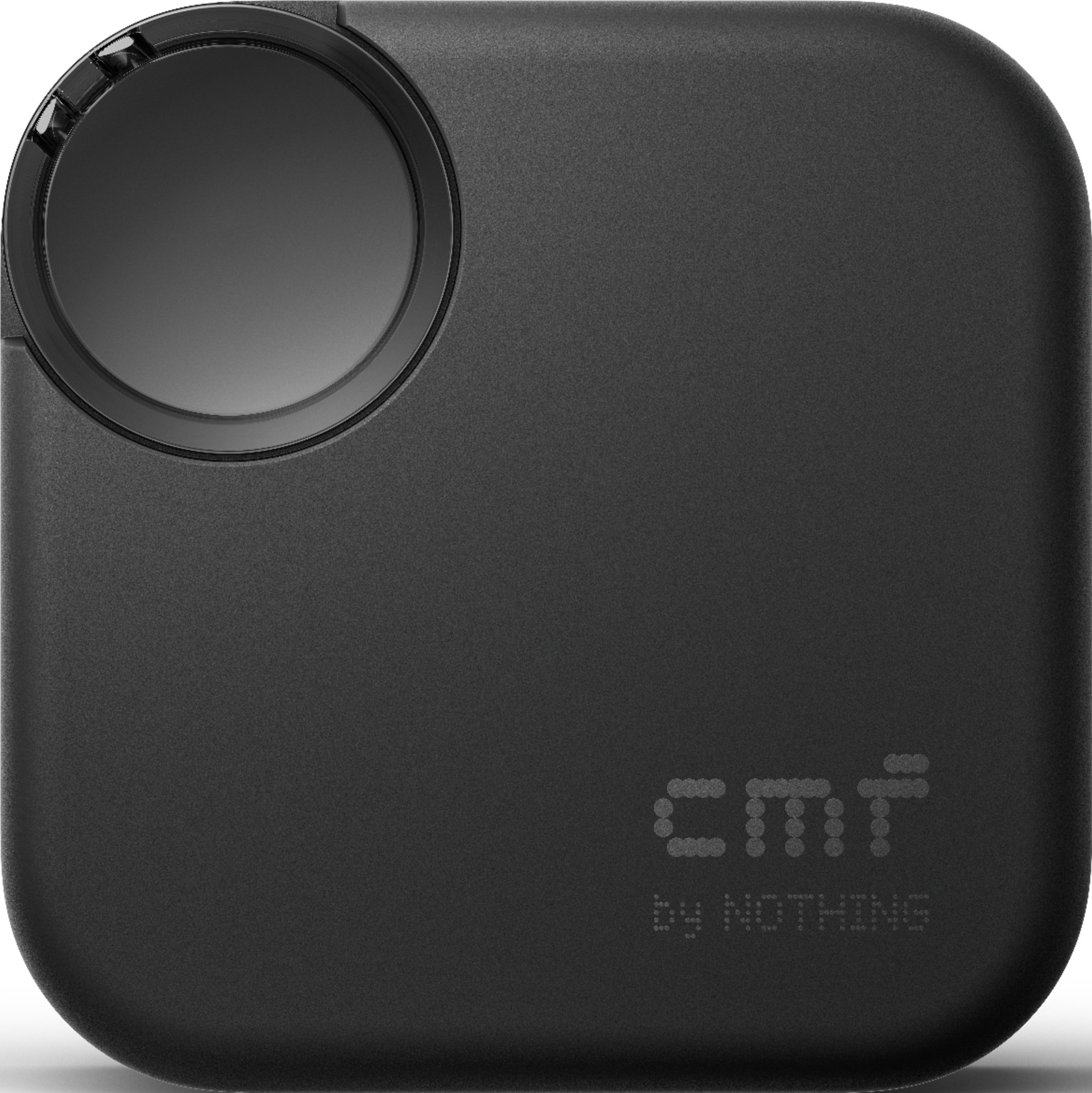 Ein schwarzes quadratisches Gerät mit einem großen schwarzen Kreis oben und dem Text 'cmi by NOTHING' unten.