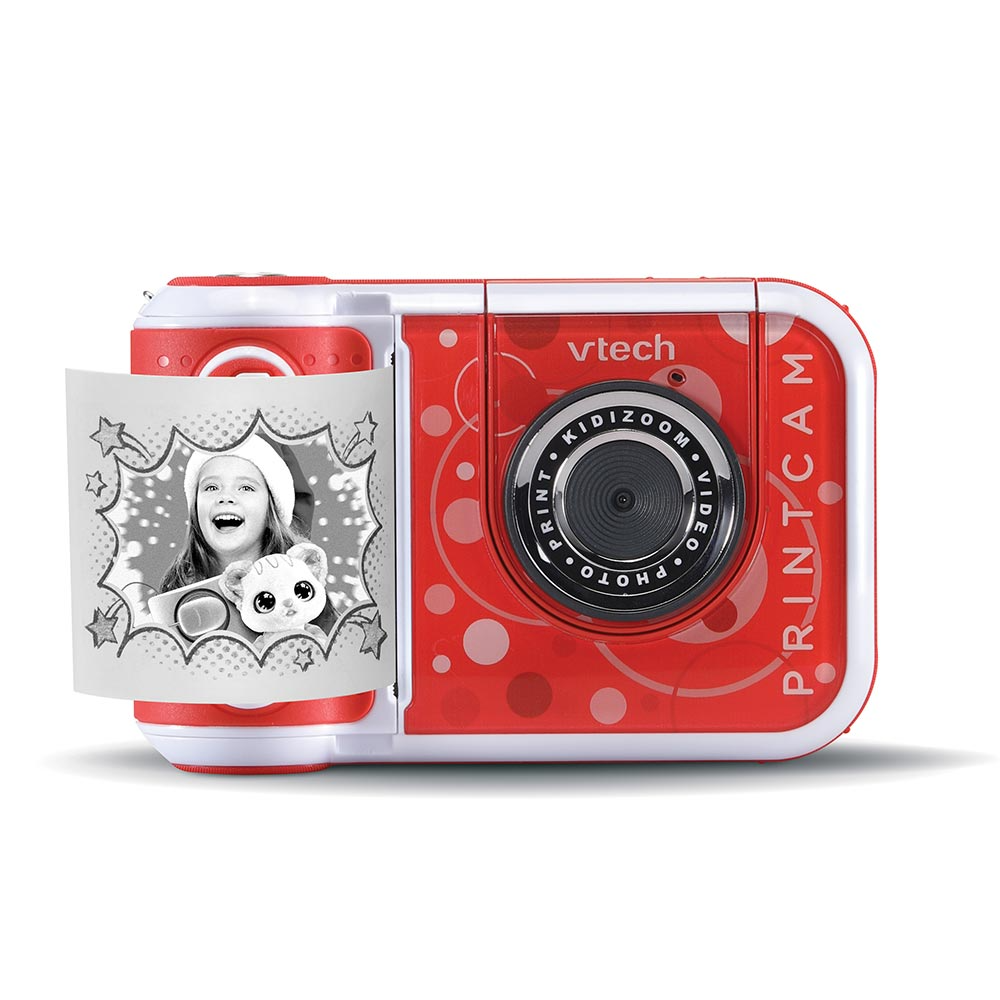 Una fotocamera Vtech rossa e bianca con una foto di una ragazza e un gatto in un fumetto.