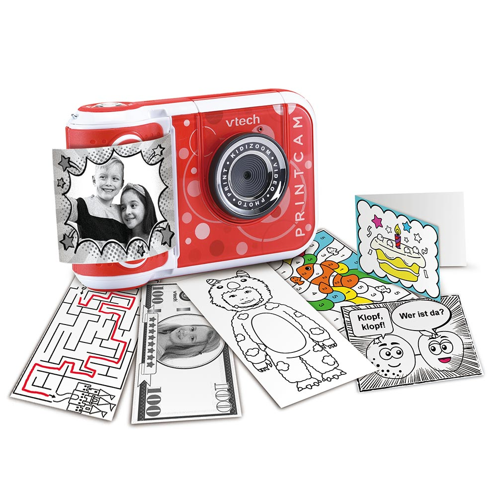 Fotocamera per bambini rossa e bianca con foto stampate e pagine da colorare. Include un labirinto, banconote e carte.