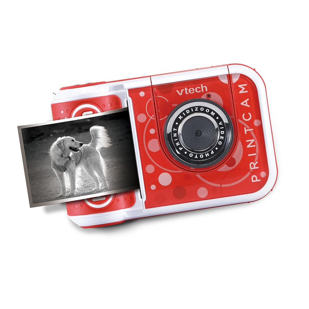 Fotocamera Vtech Kidizoom Print Cam rossa e bianca che stampa una foto di un cane.