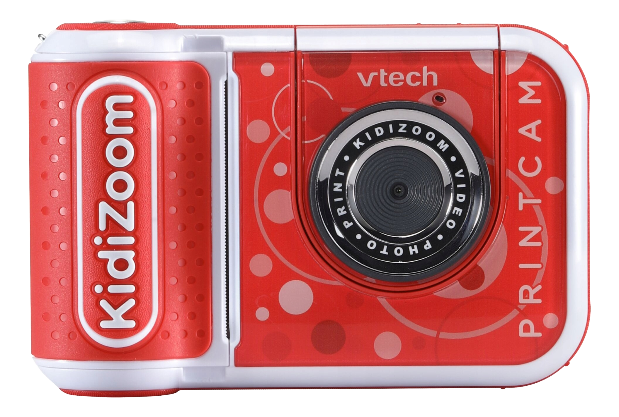 Fotocamera Kidizoom PrintCam rossa e bianca, con pulsanti e obiettivo.