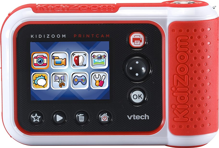 Kidizoom Printcam rosso e bianco. Dispone di uno schermo con icone e un pulsante di stampa.