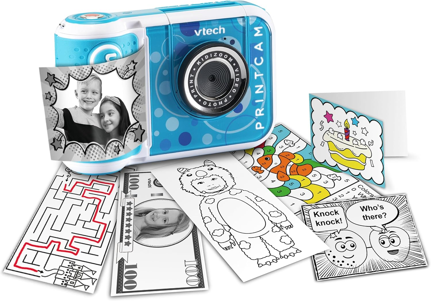 Blaue und weiße Kinderkamera mit gedruckten Fotos und Malvorlagen.