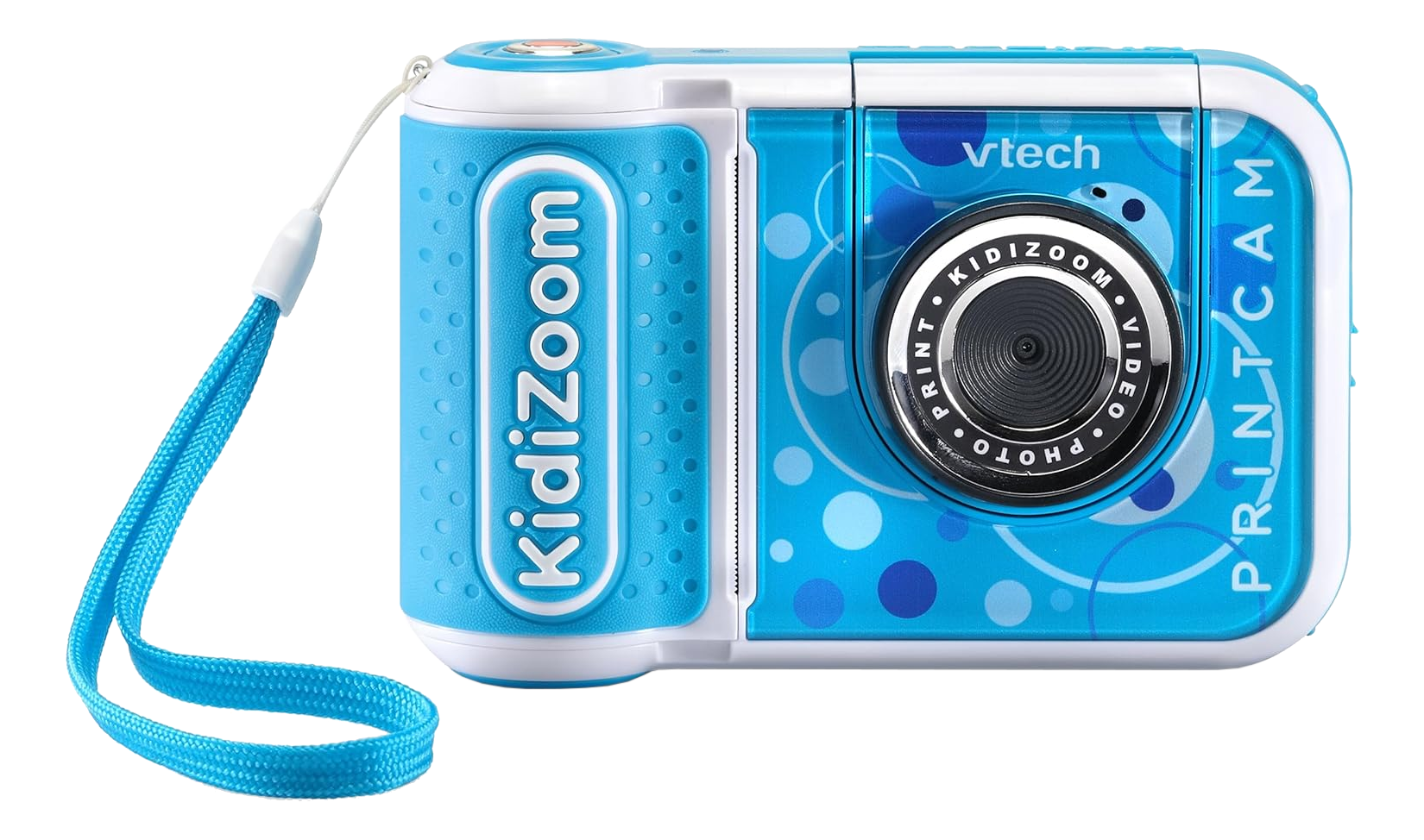 Blau-weiße Kidizoom Print Cam. Blaue Handschlaufe befestigt.