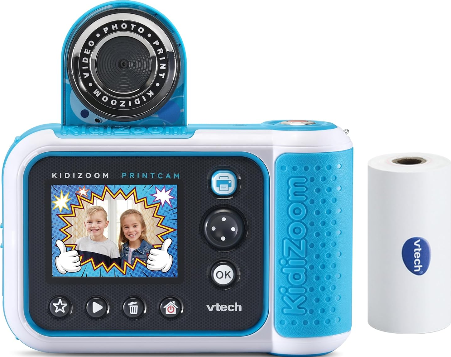 Blau-weiße Kinderkamera mit Bildschirm, der Daumen hoch zeigt, und Papierrolle.