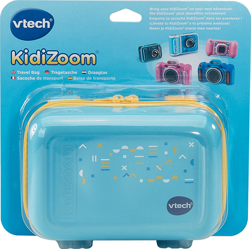 Sac de voyage et caméras VTech Kidizoom. Valise bleue avec fermeture éclair jaune, caméras à l'intérieur.