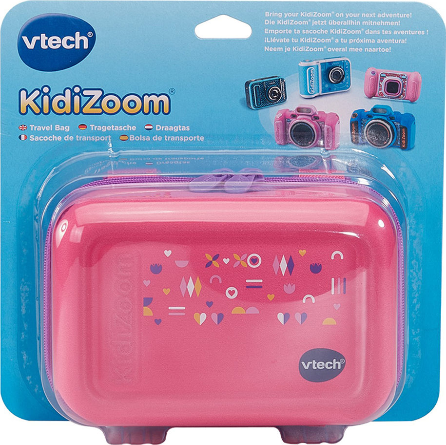 Sac de voyage Kidizoom rose avec des appareils photo sur le devant, emballé dans du plastique.