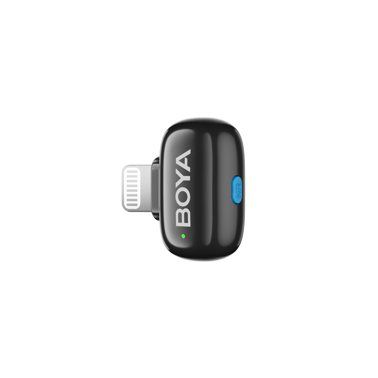 Zwarte microfoonadapter met een lightning connector en een blauwe knop.