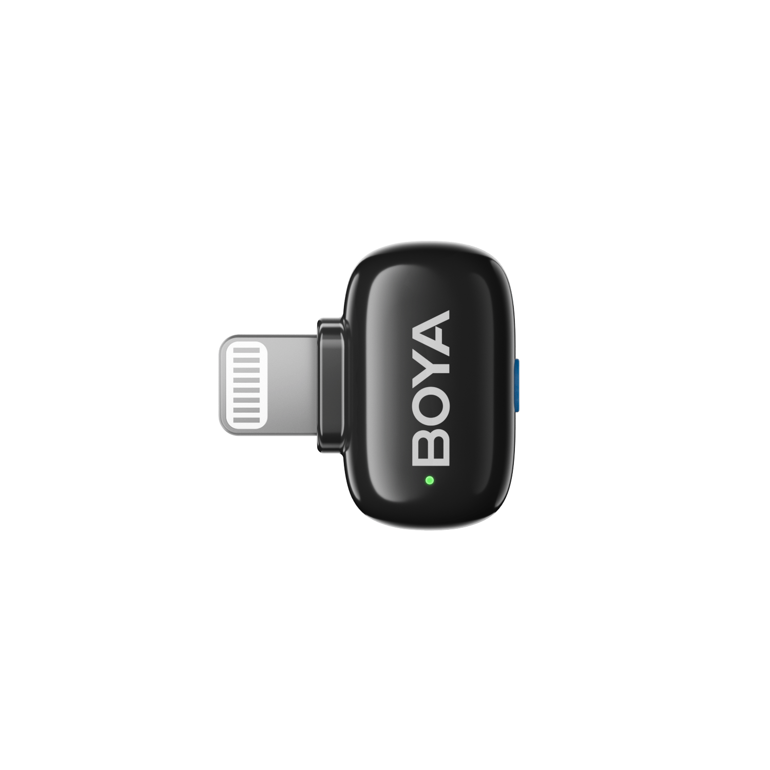 Een zwarte microfoonadapter met een zilveren connector. Het woord 'BOYA' staat erop.