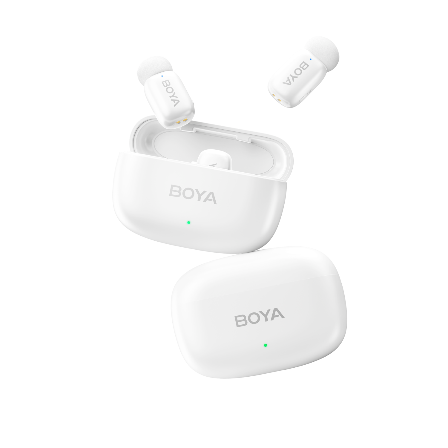 Witte draadloze oordopjes met een oplaadcase, allemaal met BOYA.