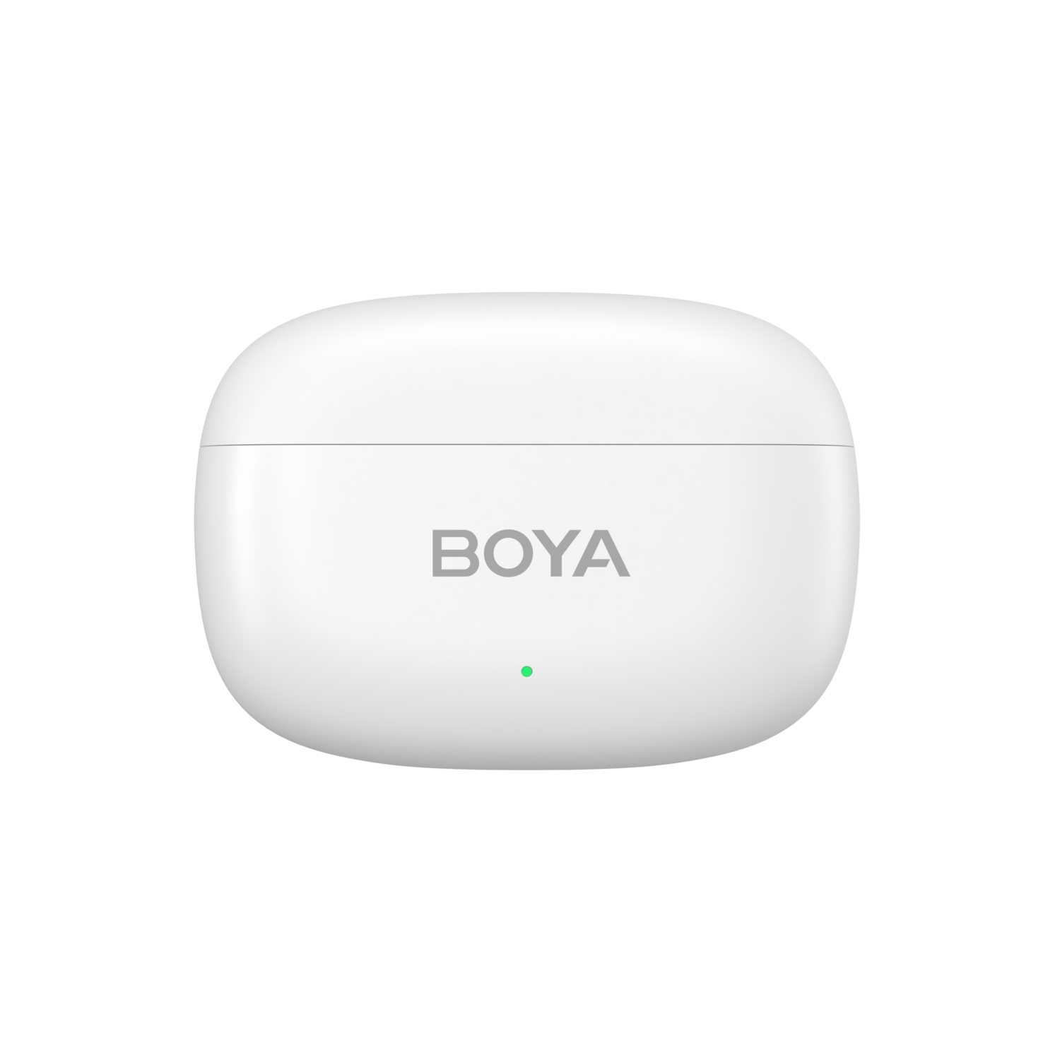 Witte BOYA oordopjes oplaadcase met een groen LED-lampje aan de voorkant.