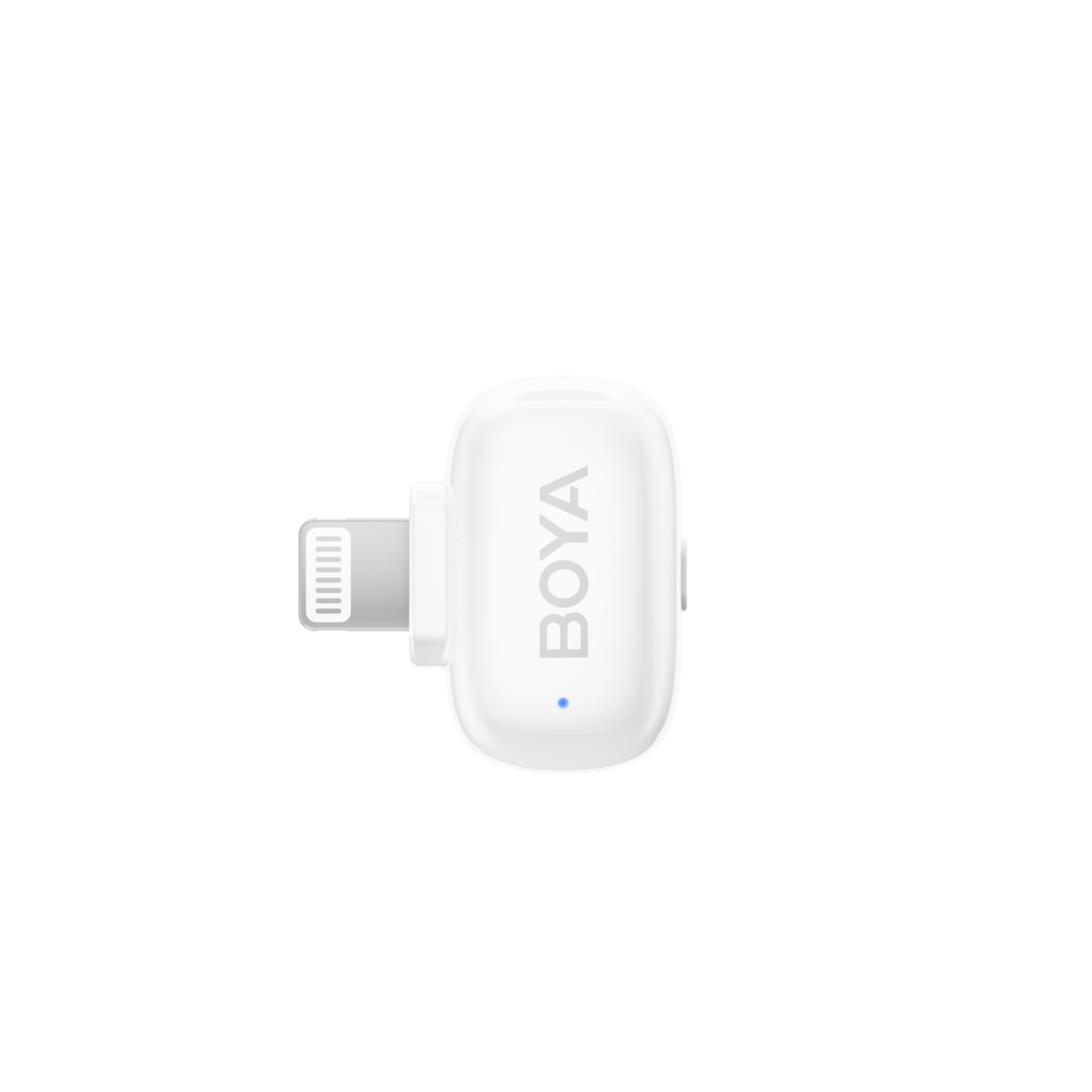Witte Boya microfoonadapter met een lightning-connector.