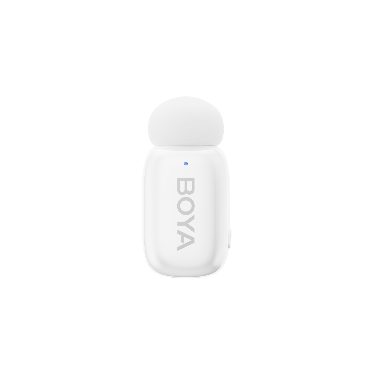 Een witte BOYA microfoon op een witte achtergrond.