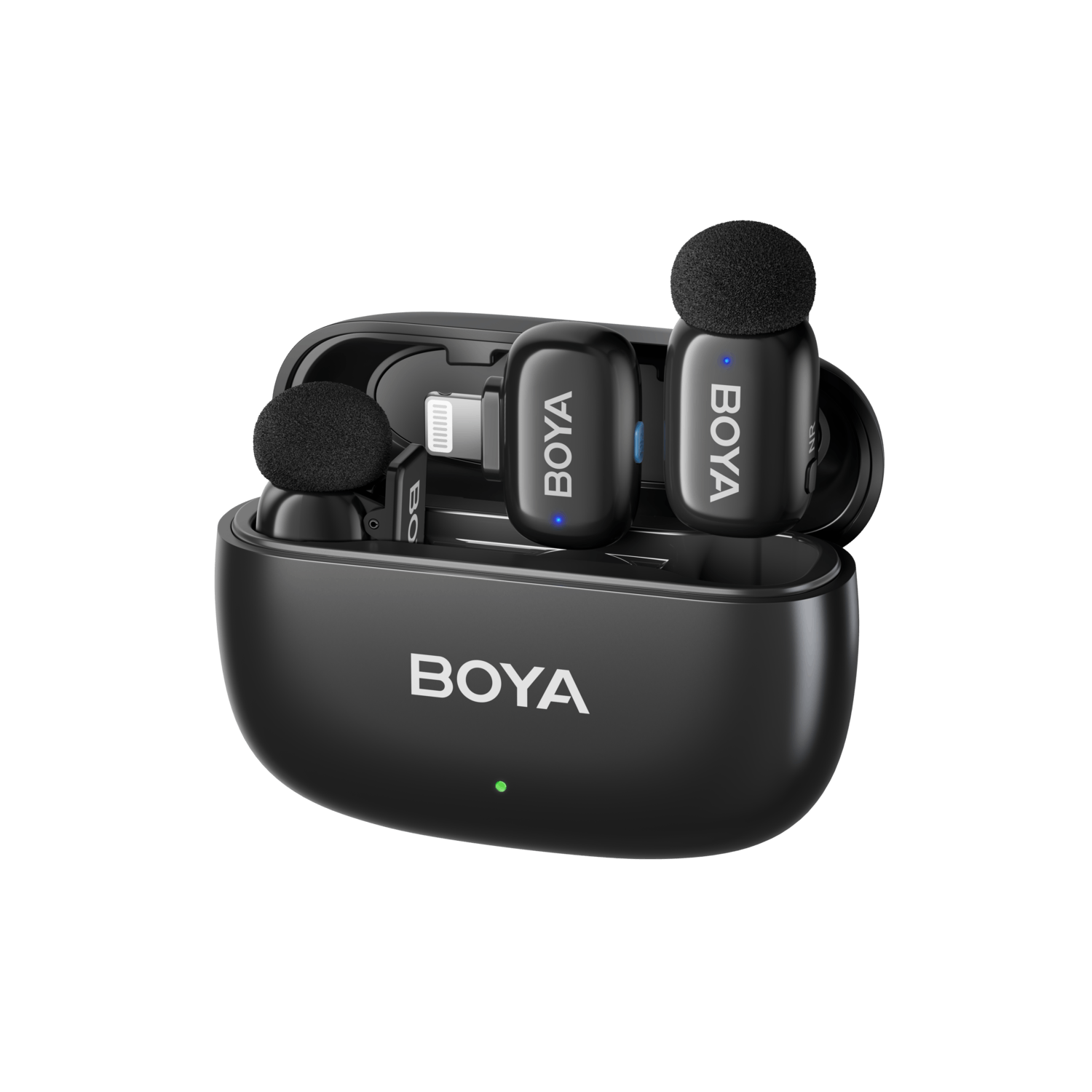 Black BOYA audio devices in a case. Two microphones and a receiver.