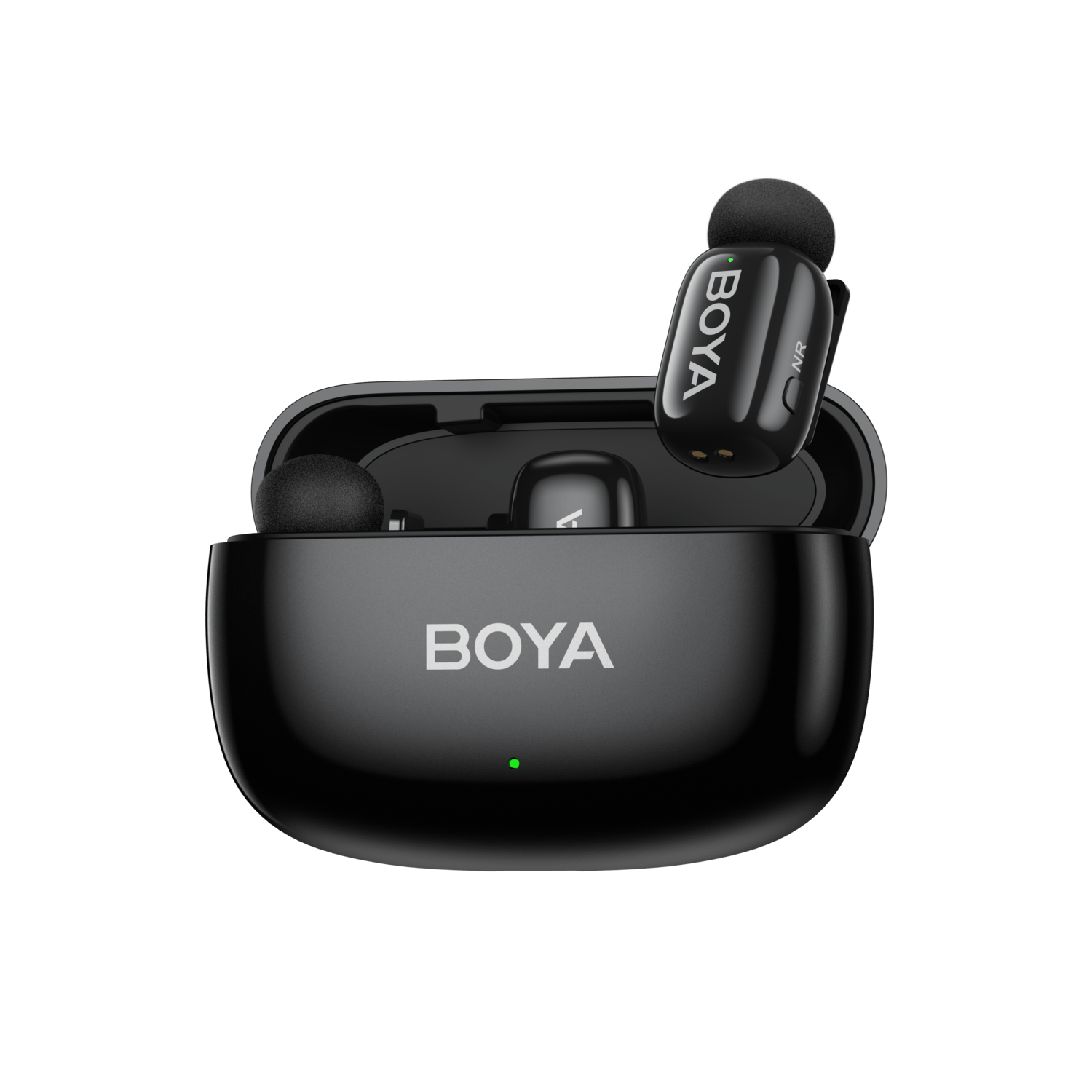 Wireless earbuds in black charging case. BOYA is visible.