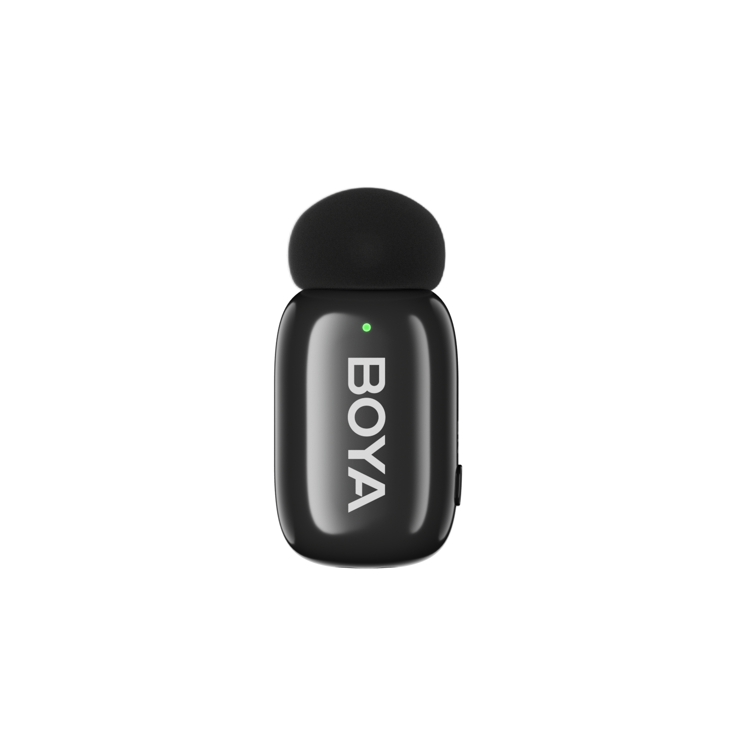 A black BOYA microphone. It has a black foam cover and a green light.
