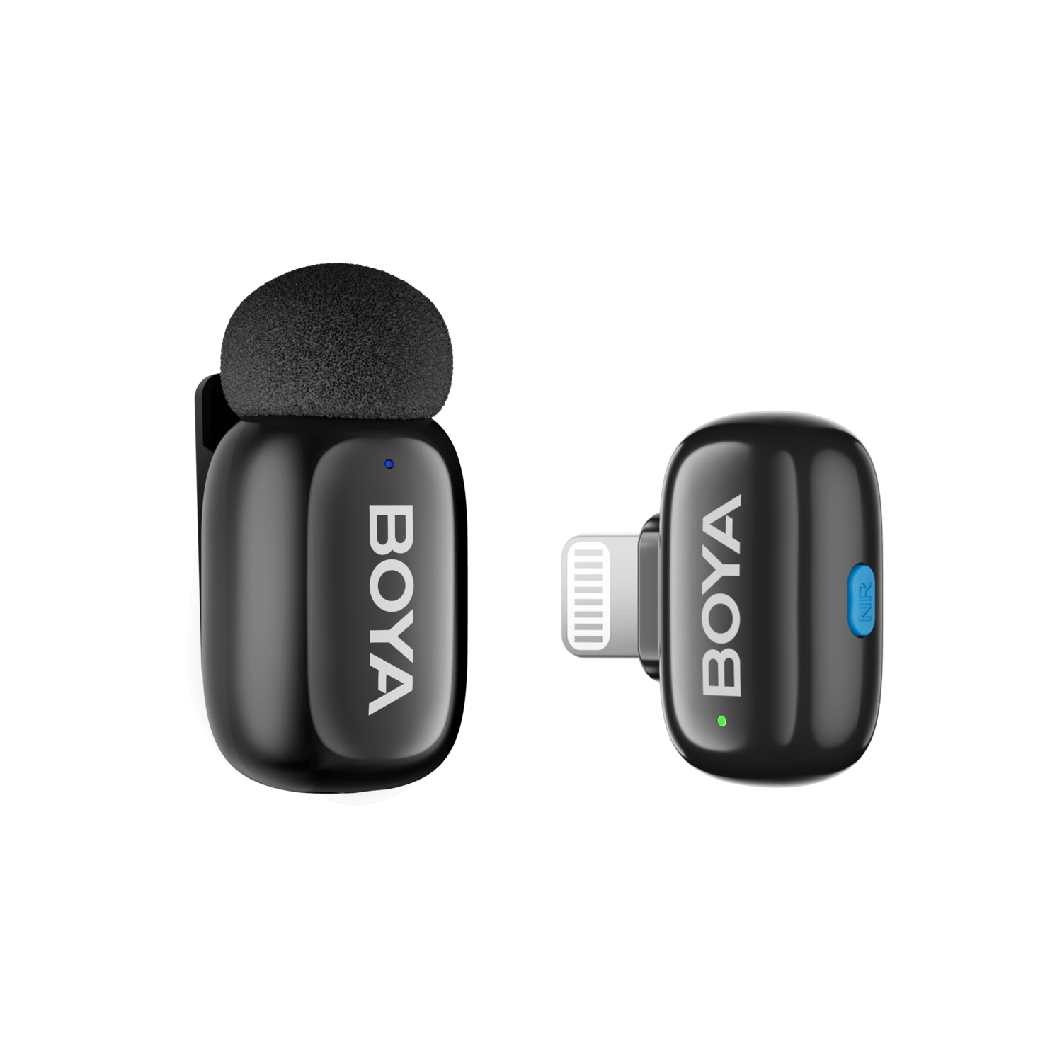 Two black BOYA wireless microphones. One with a microphone cover and the other with a lightning connector.
