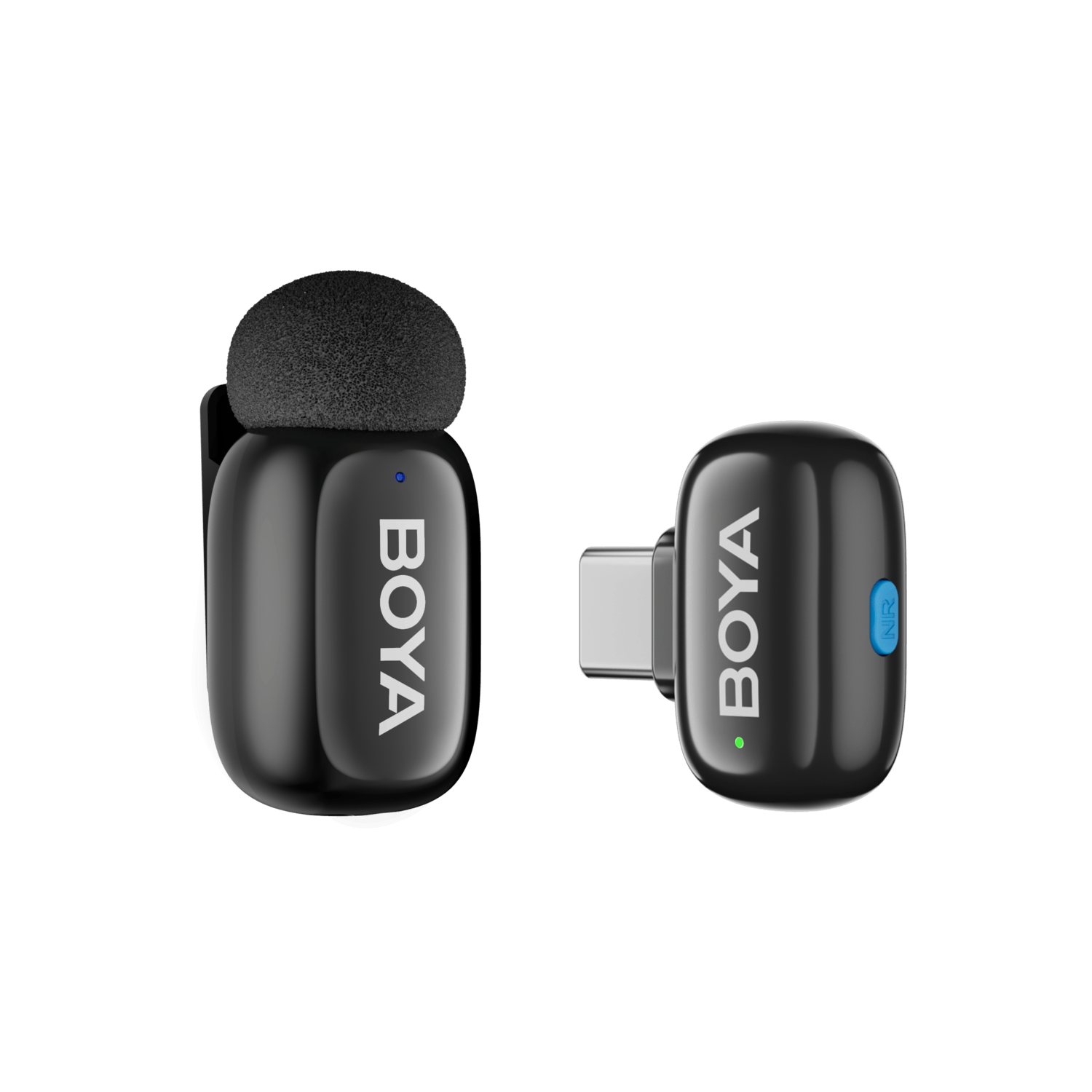 Zwarte Boya microfoonset, met twee componenten en een USB-C-poort.