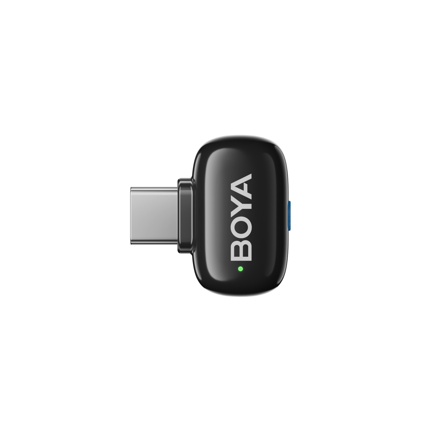 Zwarte Boya microfoon. Heeft een USB-C connector en een groen stroomindicator lampje.