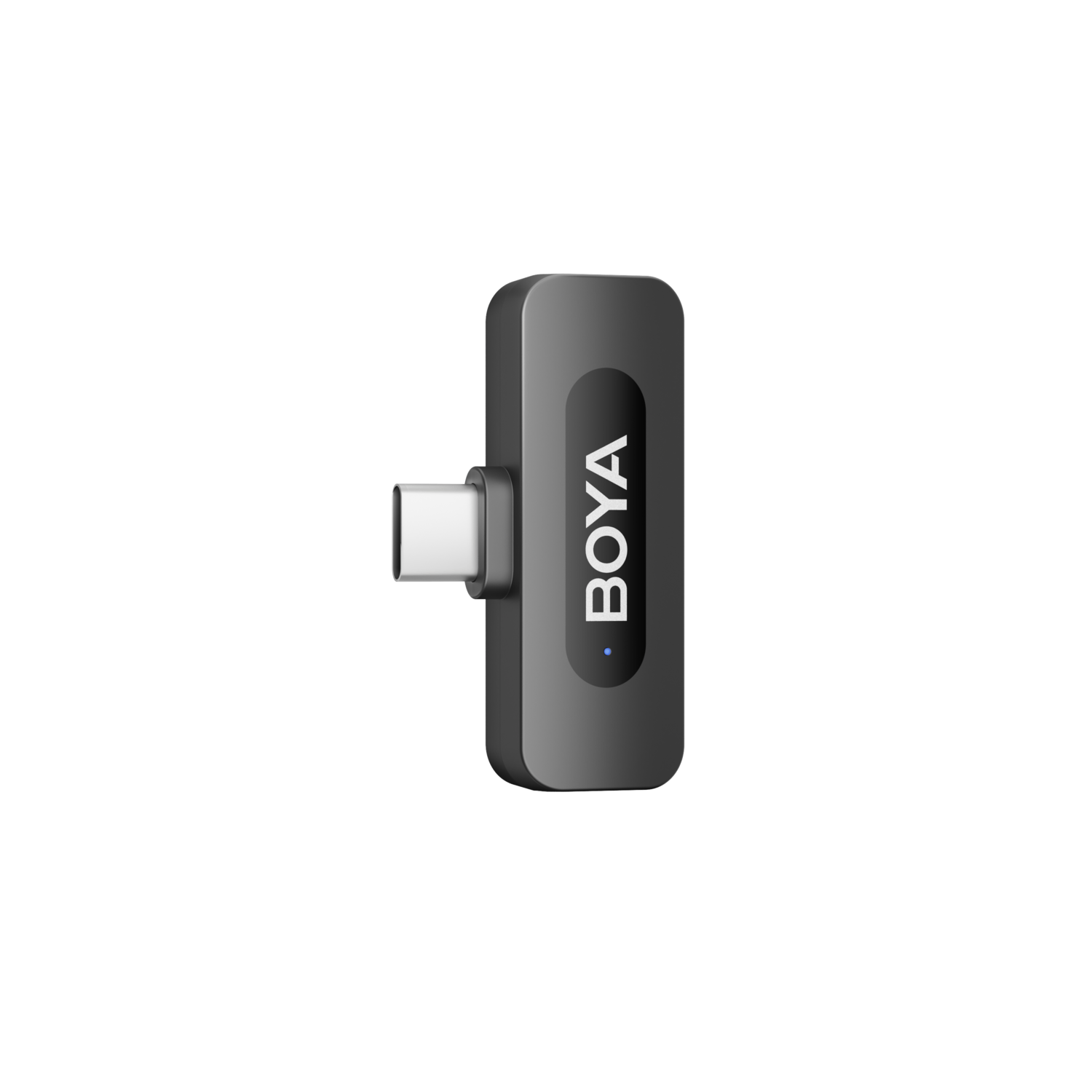 Zwarte Boya microfoon met een USB-C connector, op een witte achtergrond.
