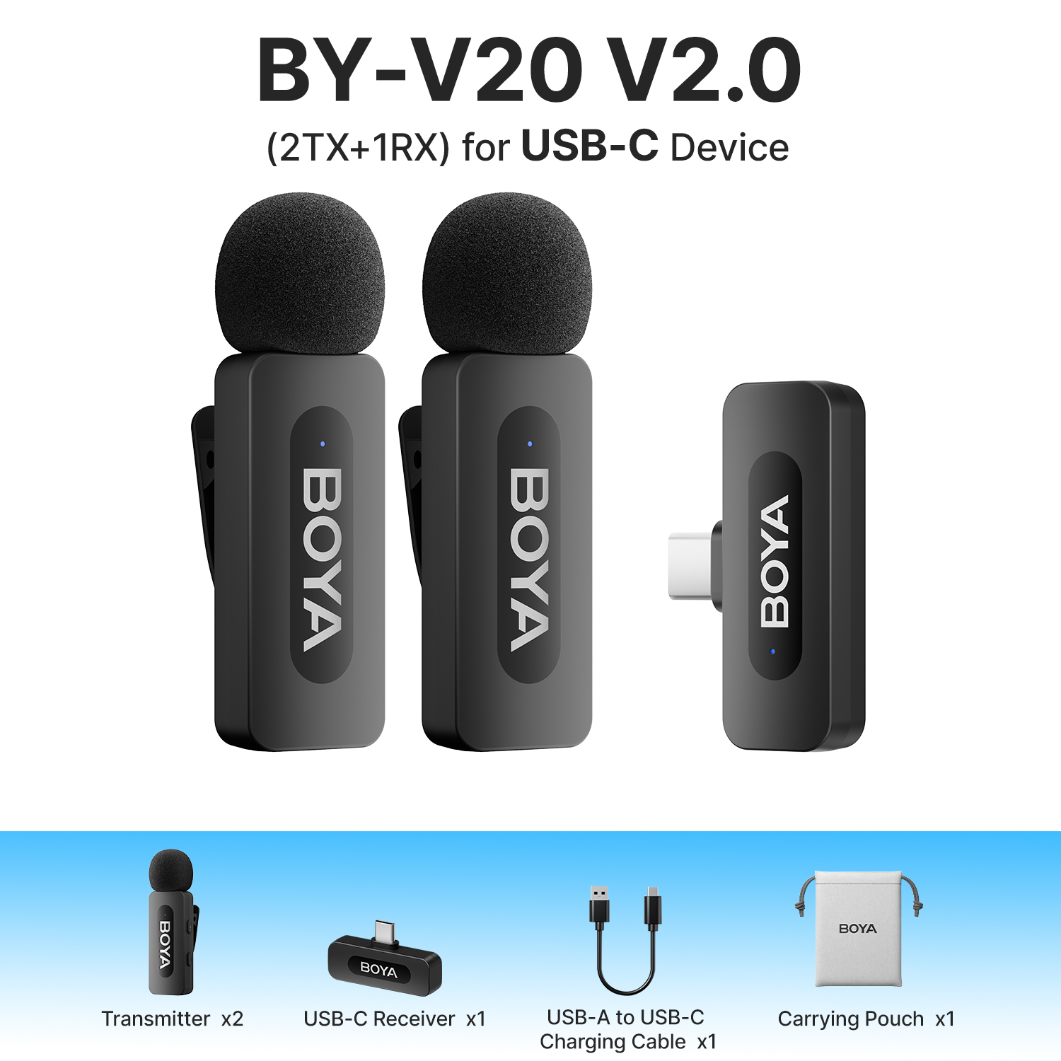 Een productfoto van een BY-V20 V2.0 voor USB-C-apparaten, met accessoires.