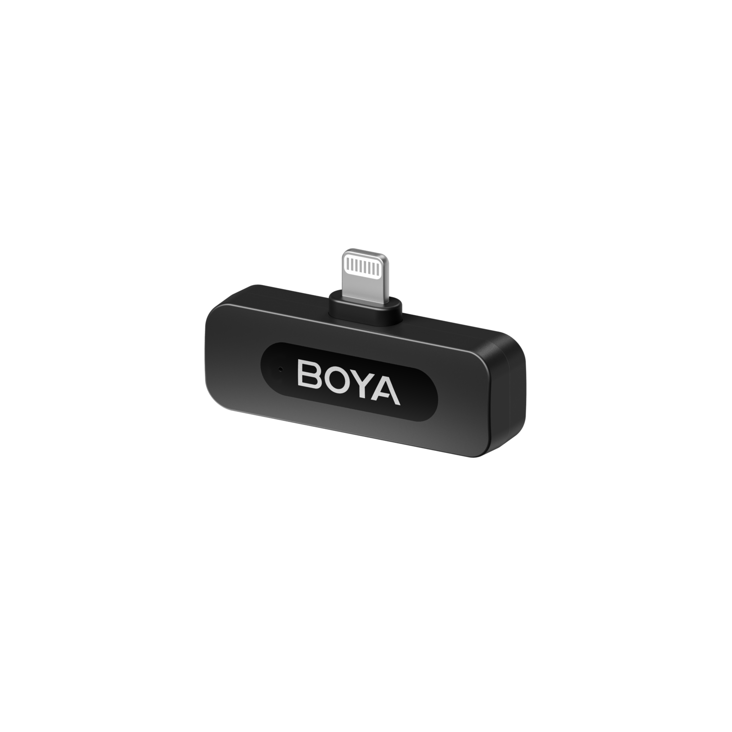 Zwarte BOYA audio-adapter met Lightning-connector.